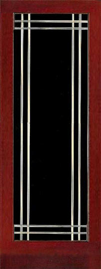 Grooved clear glass design in stained wood frame.  